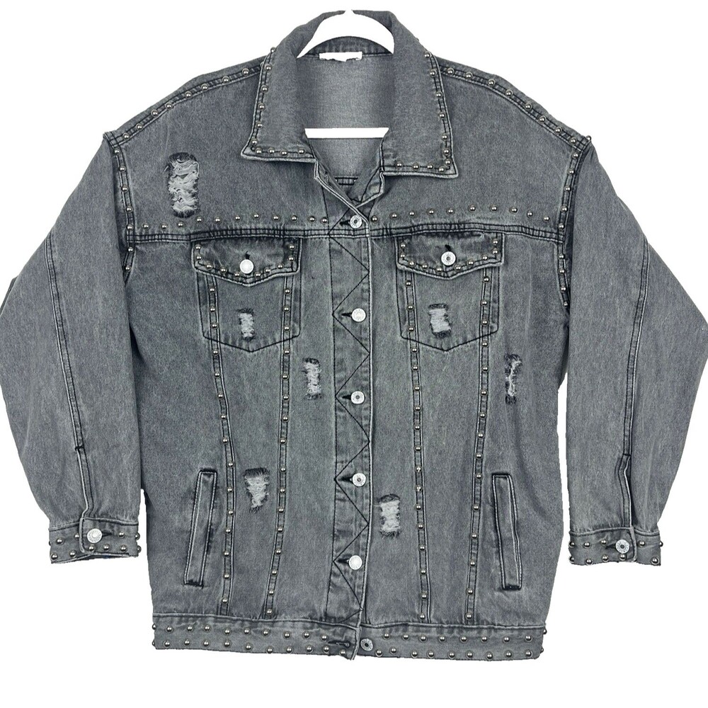 Denim Jean Jacket Womens SZ M Gray Button down Distressed Ripped Silver studs